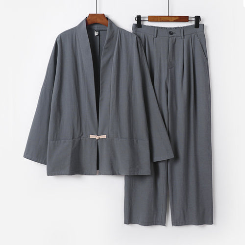 Damen Kimono-Lounge-Set aus leichtem Viskose-Leinen mit dekorativem Knebelverschluss und weiter Bundhose Nord Taschen