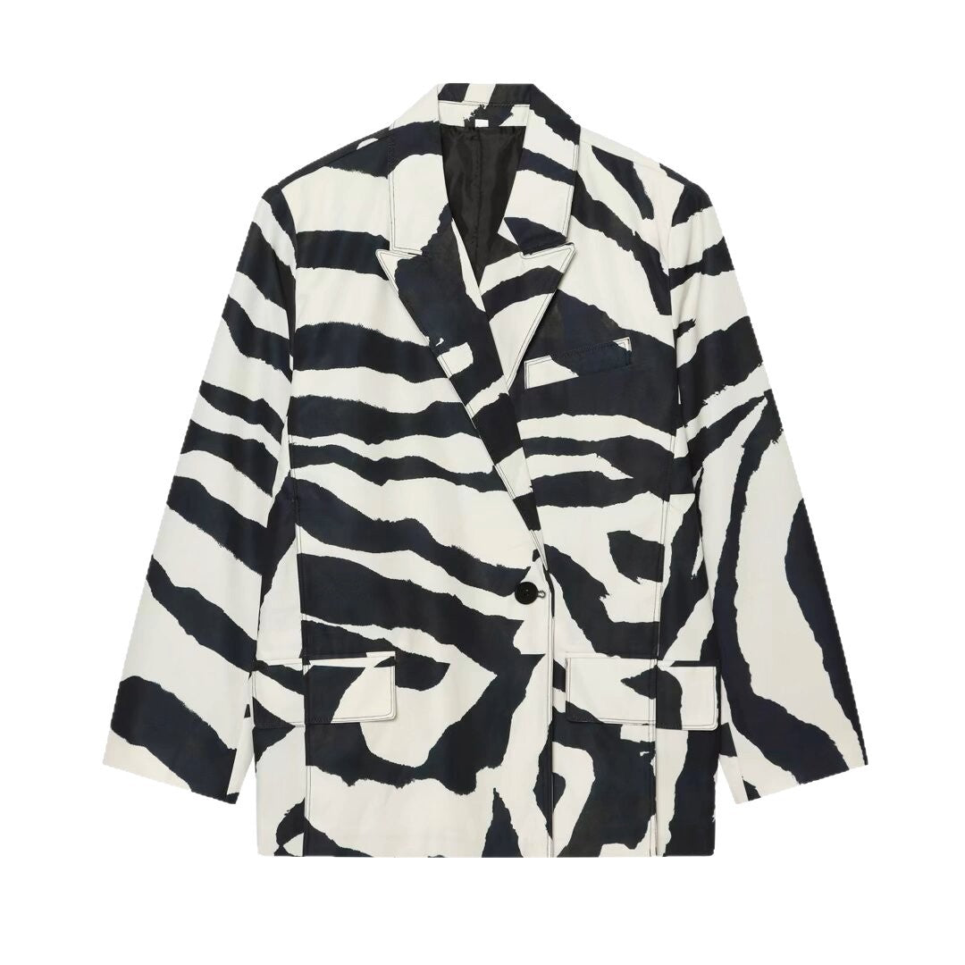 Damen Oversize-Blazer im Zebra-Print mit Reverskragen und Pattentaschen Nord Taschen