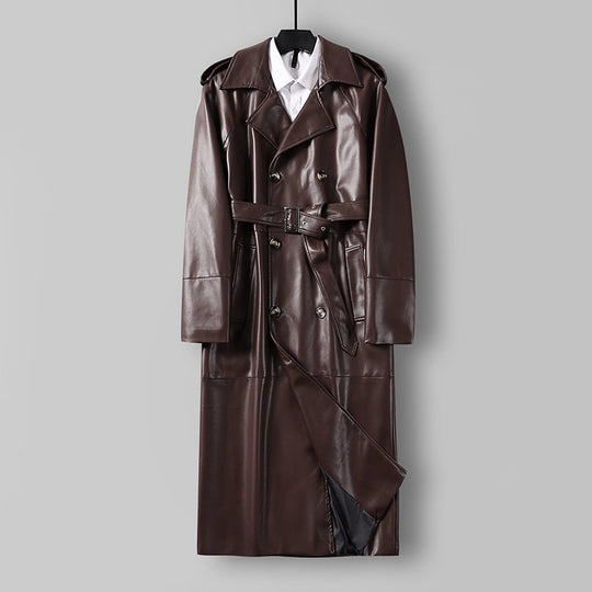 Herren Langer Kunstleder-Trenchcoat mit Doppelreiher, Taillengürtel und Schulterklappen Nord Taschen