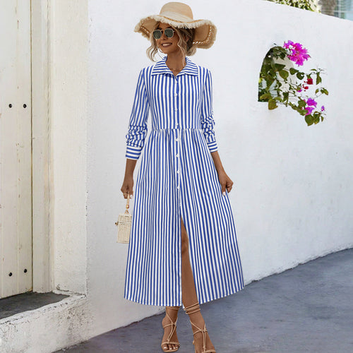Damen Midi-Kleid mit eleganten Streifen und strukturierter Knopfleiste