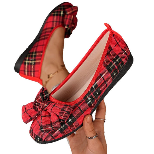 Damen  karierter Ballerina Slipper mit dekorativer Schleife und gepolstertem Komfortfußbett Nord Taschen