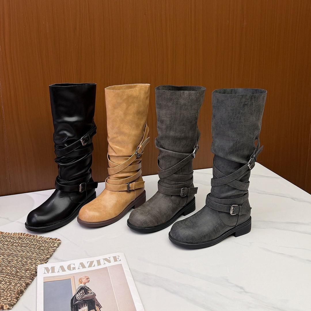 Damen Wadenhohe Bikerstiefel mit Wickelriemen und verstellbaren Schnallen Nord Taschen