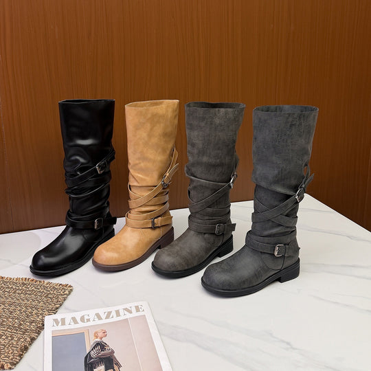 Damen Wadenhohe Bikerstiefel mit Wickelriemen und verstellbaren Schnallen Nord Taschen