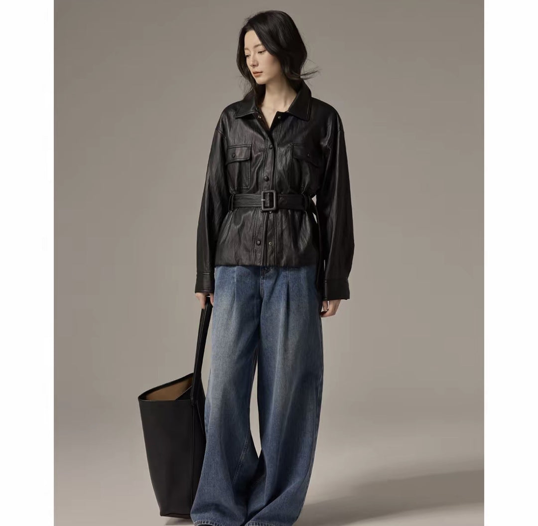 Damen Hemdjacke aus Lederoptik mit tailliertem Gürtel Nord Taschen