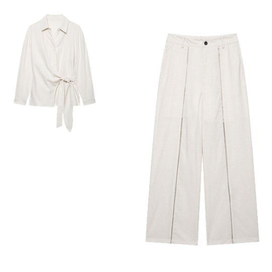 Damen Zweiteiliges Ensemble aus Wickelbluse mit Taillenschleife und weit geschnittener Leinenhose mit Zierstreifen Nord Taschen