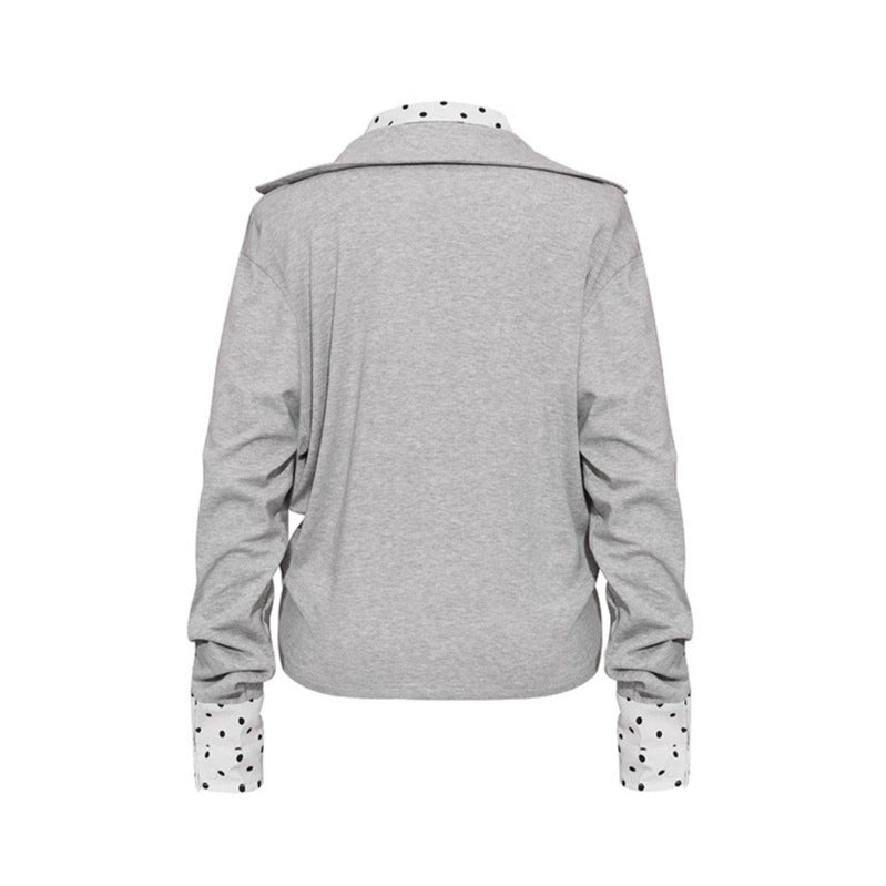 Damen Lagen-Langarmshirt mit tiefem V-Ausschnitt, angenähter Hemdblende und Polka-Dot-Details Nord Taschen