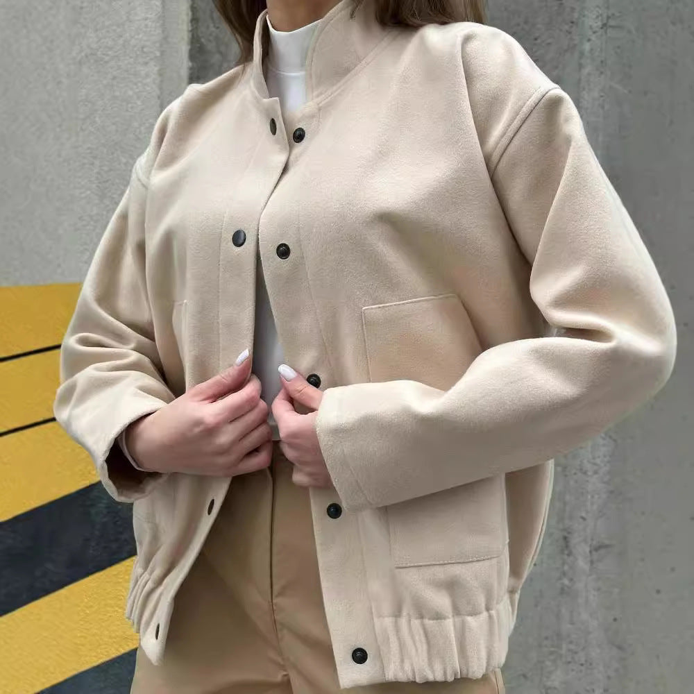 Damen Kurz geschnittene Bomberjacke aus Wollmix mit Druckknopfverschluss und elastischem Saum Nord Taschen