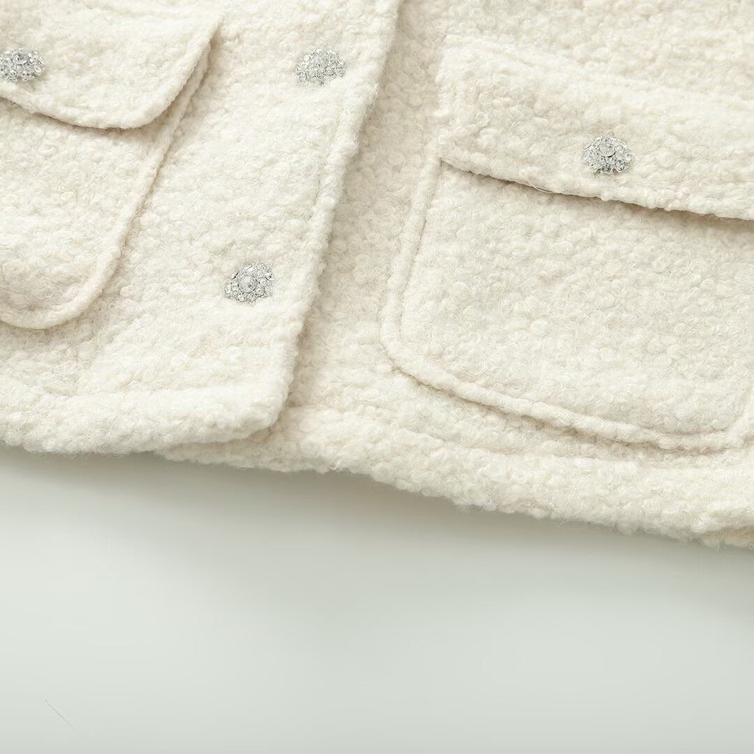 Damen Kurzjacke im Bouclé‑Tweed‑Look mit Rundhalsausschnitt und Kristall‑Zierknöpfen Nord Taschen