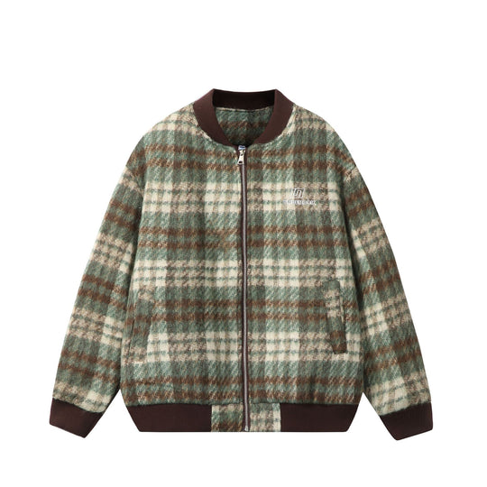 Unisex Kurzer kastig geschnittener Wollmix‑Bomber mit Karomuster und Rippenbund Nord Taschen