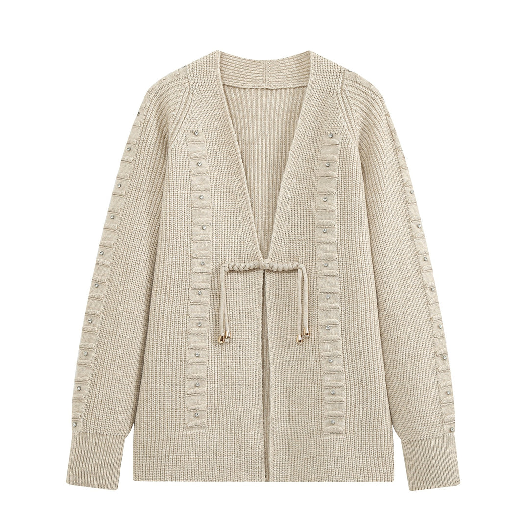 Damen Grobstrick-Cardigan mit Strassbesatz, Flechtkordel und offenem V-Ausschnitt Nord Taschen