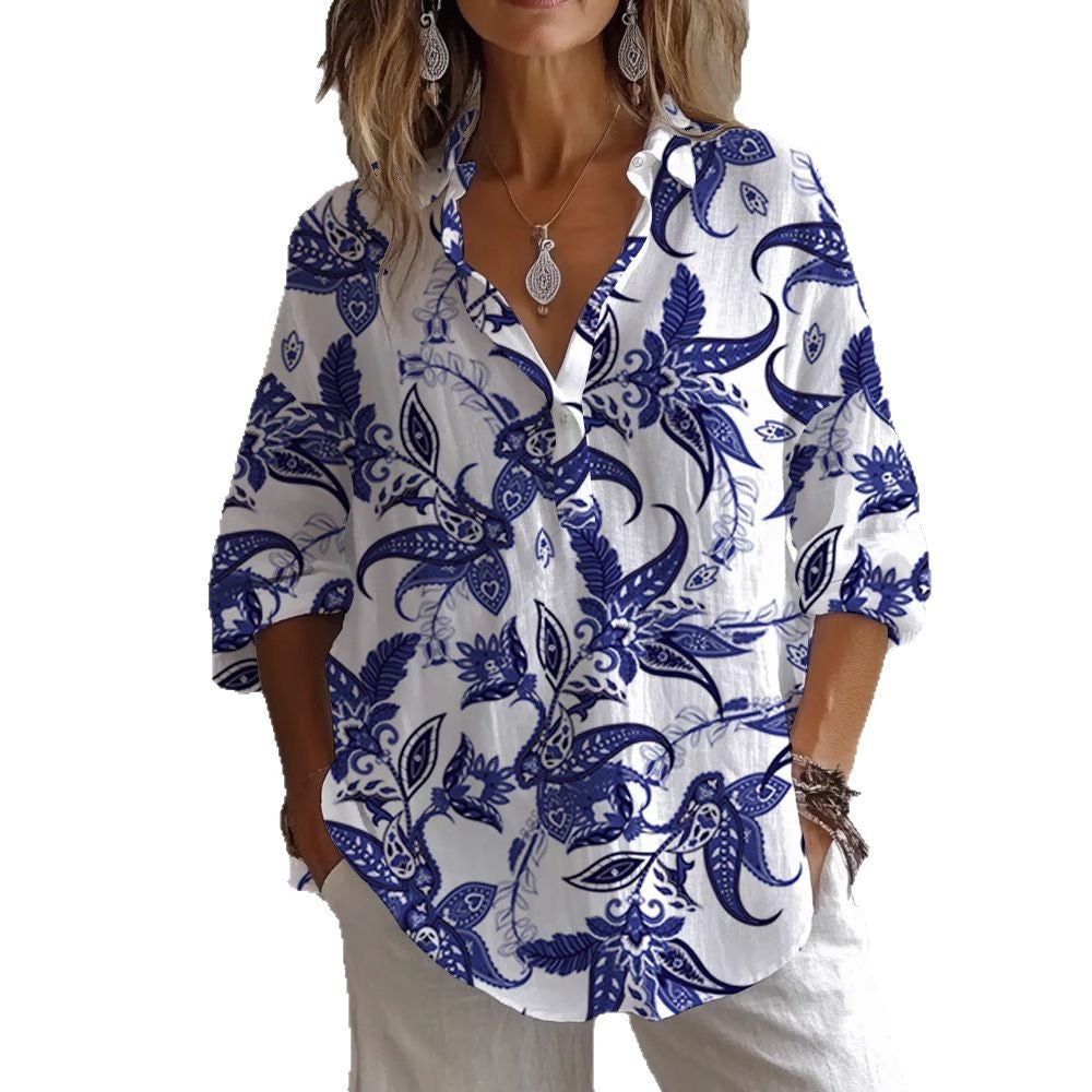 Damen lässige Bluse mit floralem Musterdruck und Knopfleiste Nord Taschen