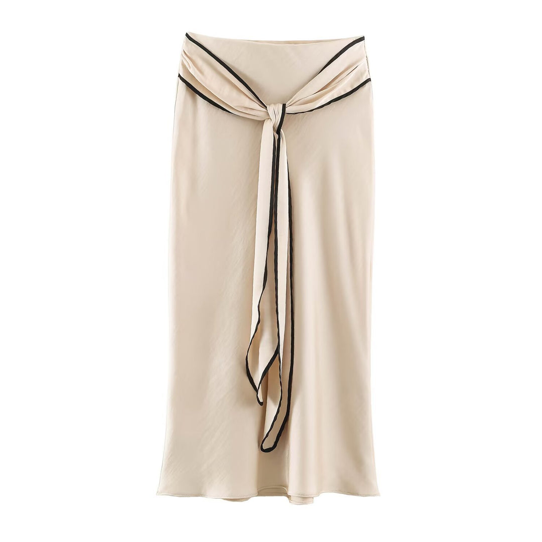 Damen Fließender Satin-Midirock mit Knotengürtel und Kontrastkante Nord Taschen