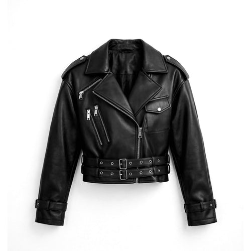 Damen kurz geschnittene taillierte Bikerjacke aus Kunstleder mit Doppeltaillengürtel, Epauletten und Zipperdetails Nord Taschen