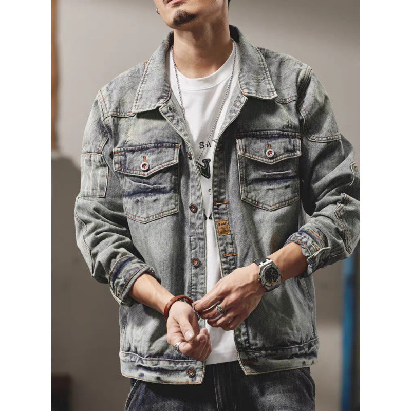 Herren Denim-Jeansjacke im Used-Look mit Hemdkragen, aufgesetzten Brusttaschen und legerer Passform Nord Taschen