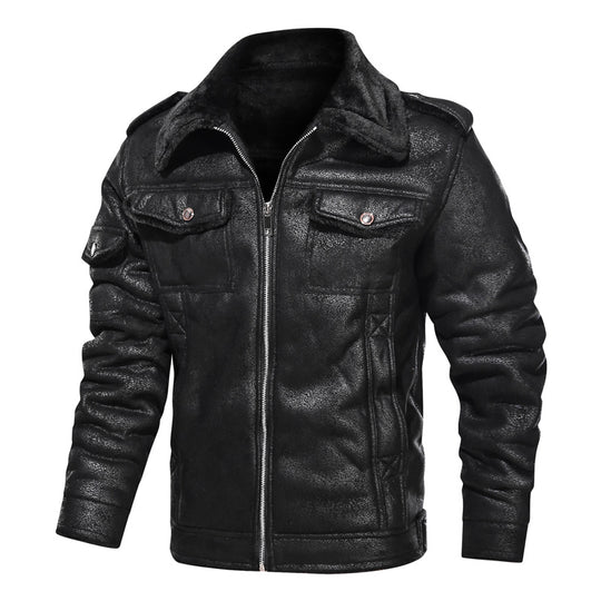 Herren Gefütterte Lammfell‑Imitat Bikerjacke mit Stehkragen und Pattentaschen Nord Taschen