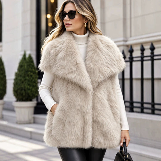 Damen Ärmellose Luxus‑Faux‑Fur‑Weste mit extraweichem Langflor und übergroßem Schalkragen Nord Taschen