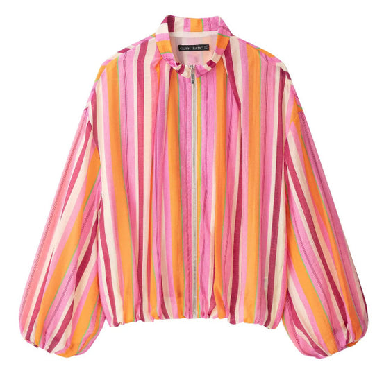 Damen Leichte gestreifte Cropped Blousonjacke im Bomberstil mit Stehkragen, Reißverschluss und Ballonärmeln Nord Taschen