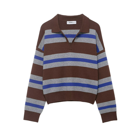 Damen Gestreifter Rugby-Polo-Pullover mit V-Notch und Cropped-Saum Nord Taschen
