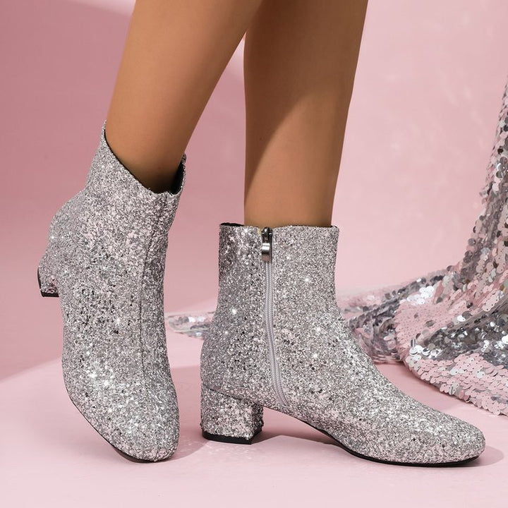 Damen nan glitzernde Stiefeletten mit kurzem Blockabsatz und seitlichem Reißverschluss Nord Taschen