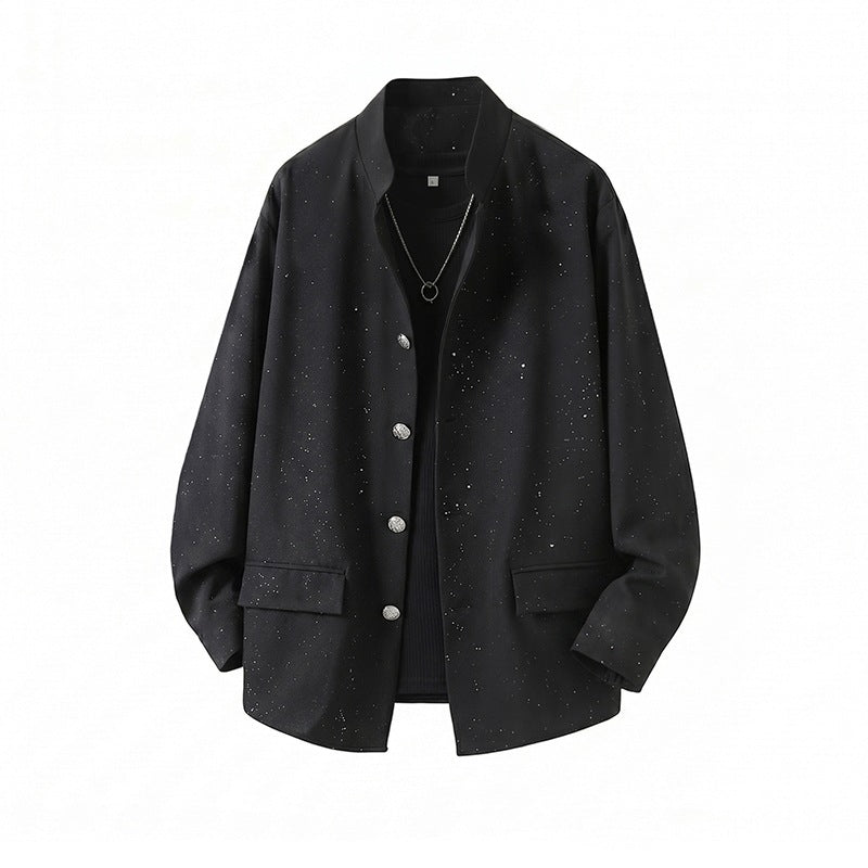 Herren Zweiteiliges Oversize-Lounge-Set mit gesprenkelter Übergangsjacke und weiter Bundfaltenhose Nord Taschen