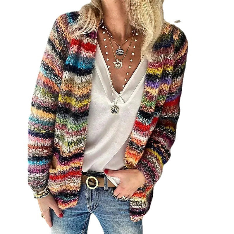 Damen Mehrfarbiger Strickcardigan mit offener Front, legerem Oversize-Schnitt und feinem Rippbündchen Nord Taschen