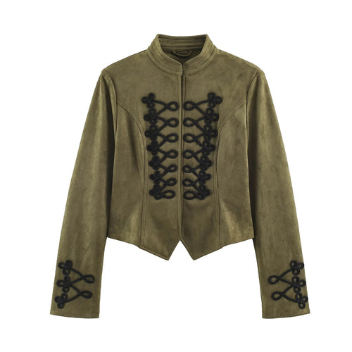 Damen Taillierte Cropped Militärjacke aus Wildlederimitat mit Stehkragen und dekorativen Zierkordeln Nord Taschen