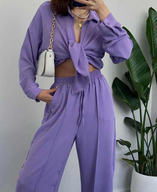 Damen Lässiges zweiteiliges Lounge-Set aus Crêpe mit Oversize-Hemd und hohem Elastikbund Nord Taschen