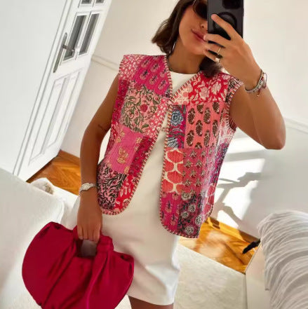 Damen Gesteppte Weste mit Toile‑Print, gestreifter Innenverarbeitung und Kordelbindung Nord Taschen
