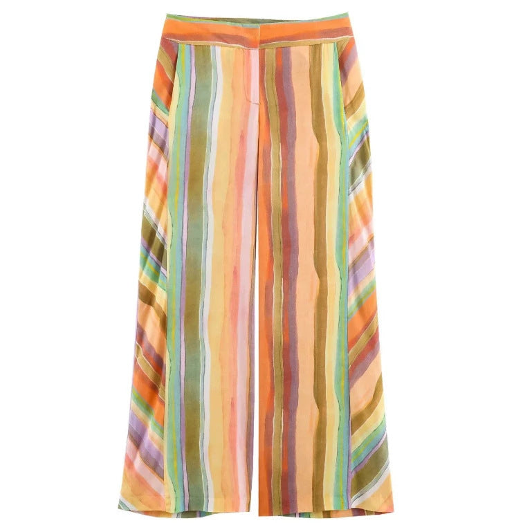 Damen Weite High‑Waist Leinenmix‑Palazzohose mit fließendem Streifenprint Nord Taschen