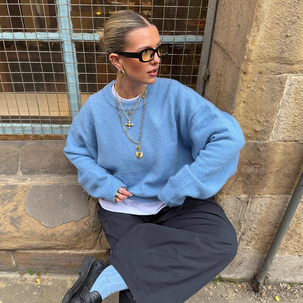 Damen Flauschiger Boxy Strickpullover aus Alpaka-Mix mit weitem Rundhalsausschnitt Nord Taschen