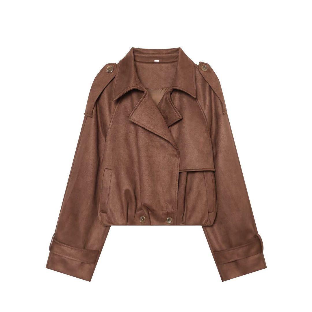 Damen Kurzgeschnittene Trenchjacke in Veloursleder‑Optik mit Schulterklappen und Schnallenmanschetten Nord Taschen