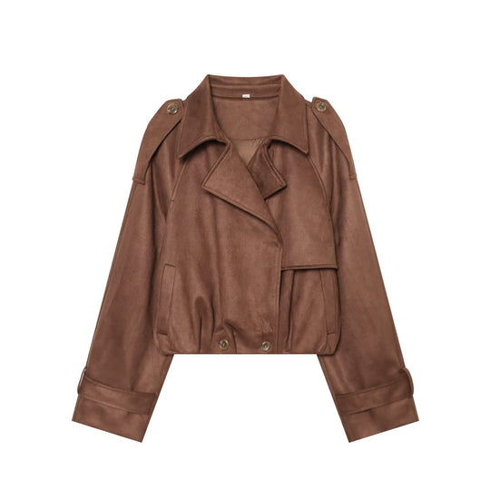 Damen Kurzgeschnittene Trenchjacke in Veloursleder‑Optik mit Schulterklappen und Schnallenmanschetten Nord Taschen