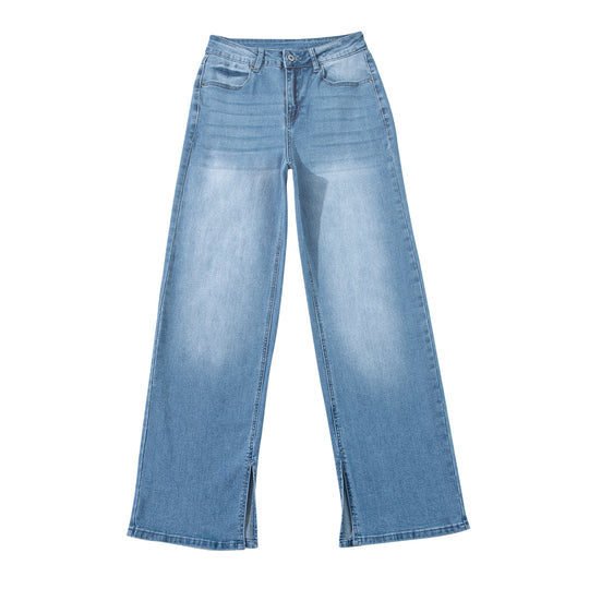 Damen hochtaillierte Schlaghose aus Denim mit Frontschlitz und weitem Bein Nord Taschen