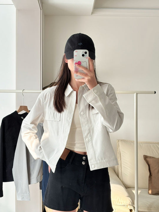 Damen Kurze Overshirt-Jacke aus strukturiertem Canvas mit Brusttaschen Nord Taschen