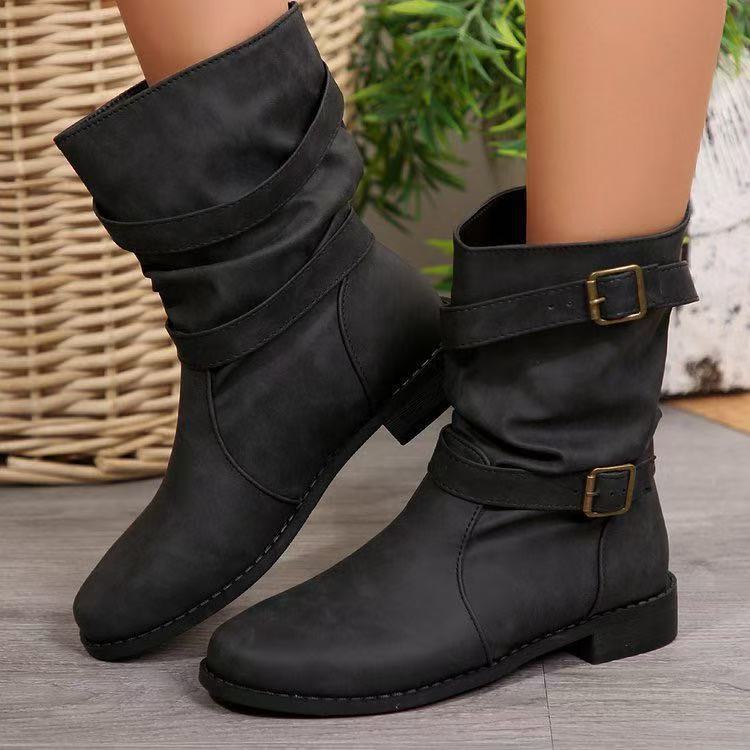 Damen Lässige Slouch-Stiefel mit verstellbaren Zierschnallen, flacher Profilsohle und weichem Kunstleder Nord Taschen