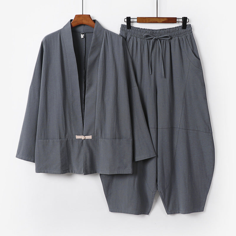 Herren Kimono-Loungewear-Set mit kurzem Schalkragen und weiten Harem-Bundhosen Nord Taschen