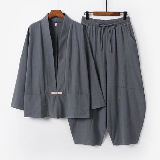 Herren Kimono-Loungewear-Set mit kurzem Schalkragen und weiten Harem-Bundhosen Nord Taschen