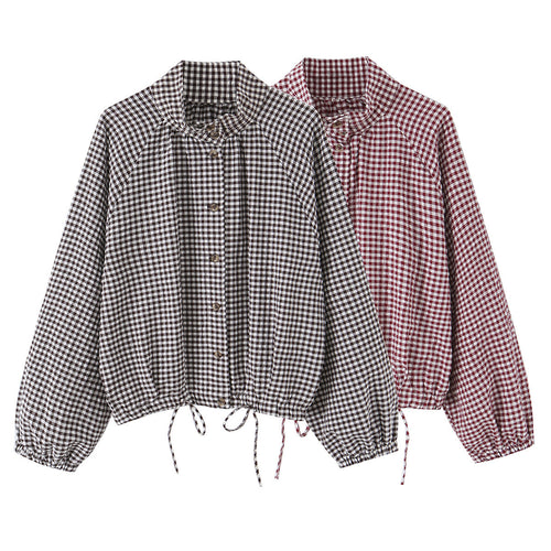 Damen Karierter Gingham-Blouson mit Tunnelzug-Saum, Raglanärmeln und Stehkragen Nord Taschen
