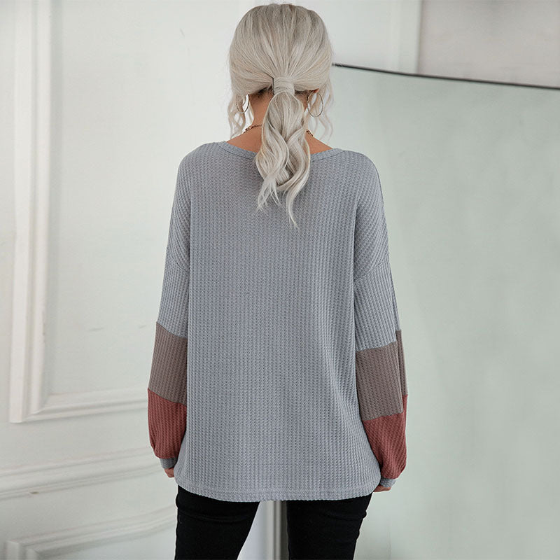 Damen Lockeres Waffelstrick-Shirt mit V‑Ausschnitt und Colorblock‑Ärmeln Nord Taschen