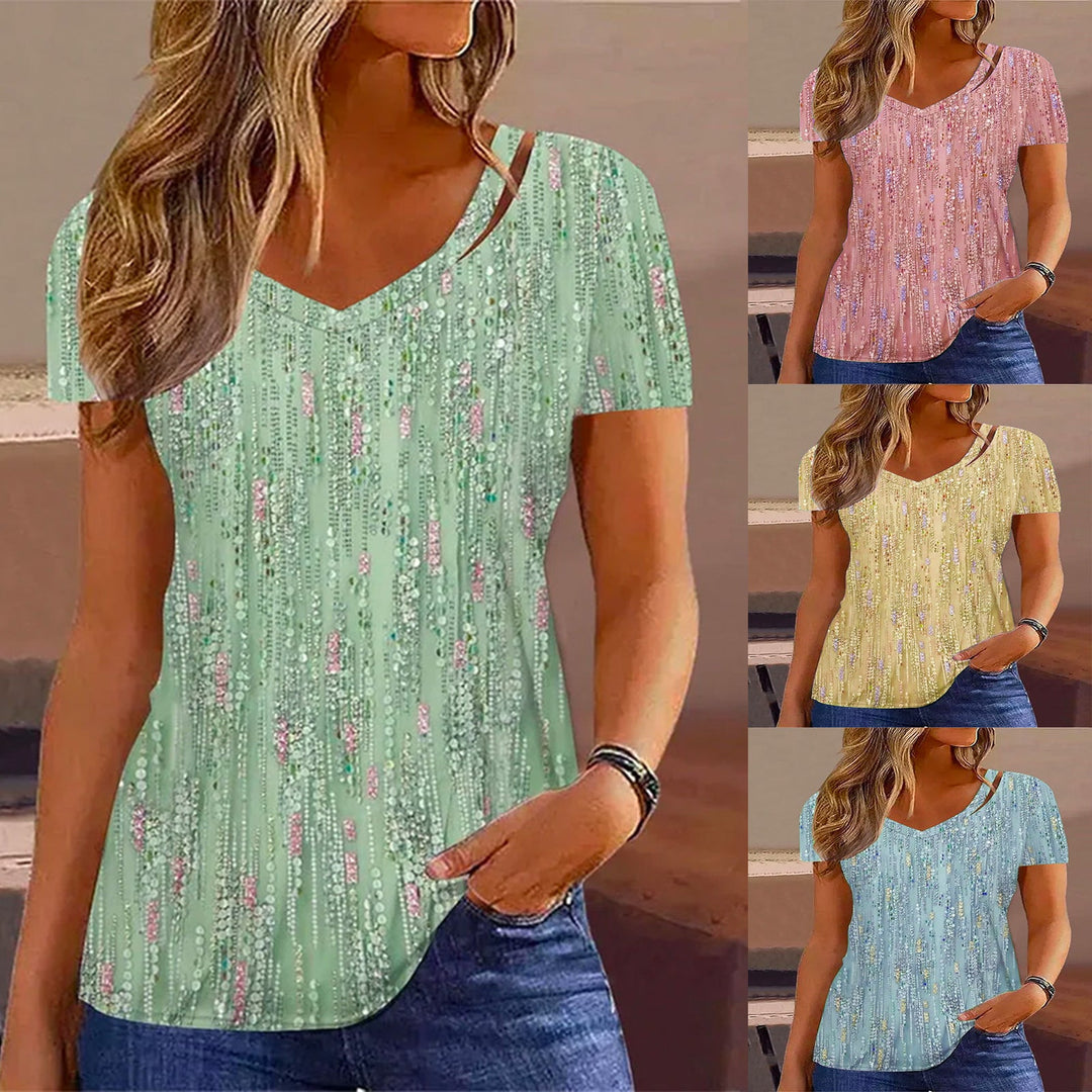 Damen V-Ausschnitt T-Shirt mit Glitzer-Detail und lockerer Passform