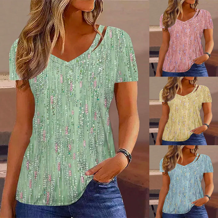 Damen V-Ausschnitt T-Shirt mit Glitzer-Detail und lockerer Passform