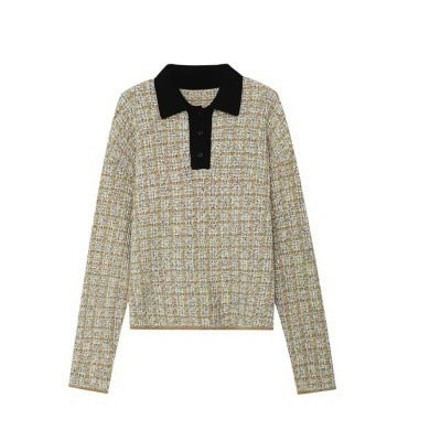 Damen Feinstrick-Polo mit Tweed-Optik, langarm und kontrastierendem Kragen Nord Taschen