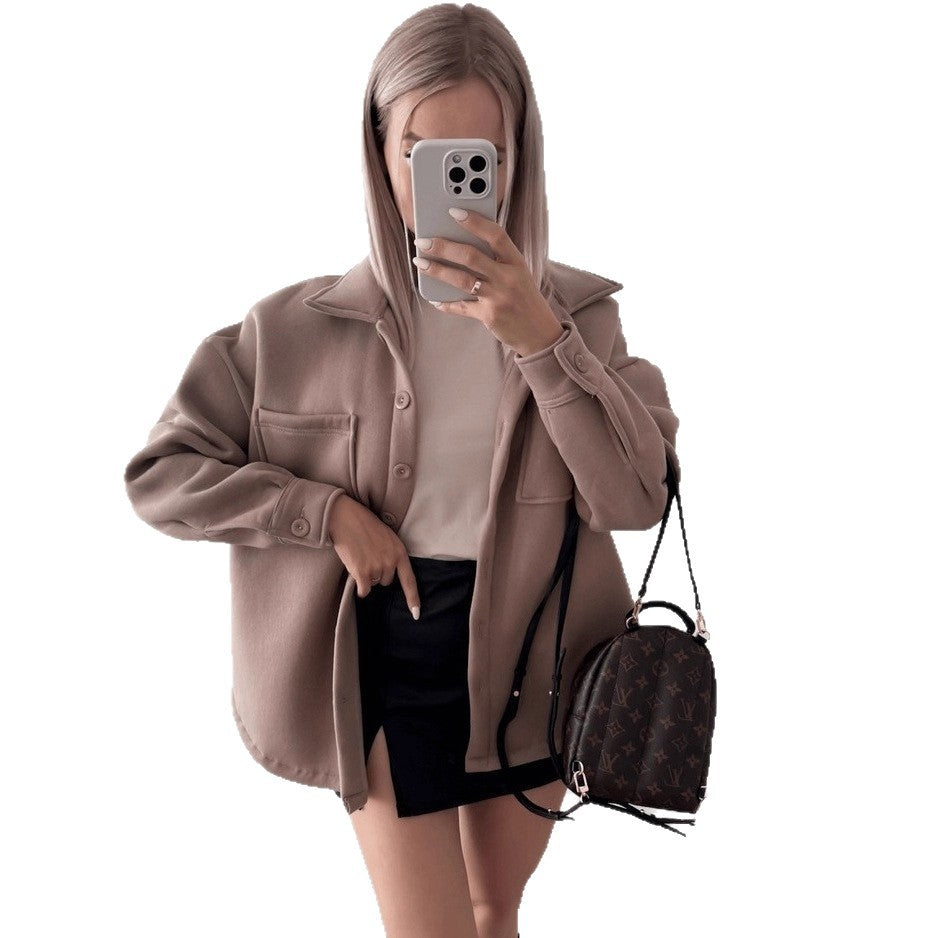 Damen Oversized Hemdjacke Shacket aus weichem Wollmix mit aufgesetzten Brusttaschen Nord Taschen