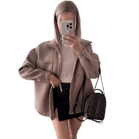 Damen Oversized Hemdjacke Shacket aus weichem Wollmix mit aufgesetzten Brusttaschen Nord Taschen