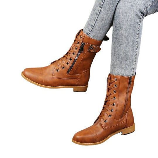 Damen Schnürstiefel mit seitlichem Reißverschluss und Zier-Riemen knöchelhoch Vintage-Bikerstiefel Nord Taschen