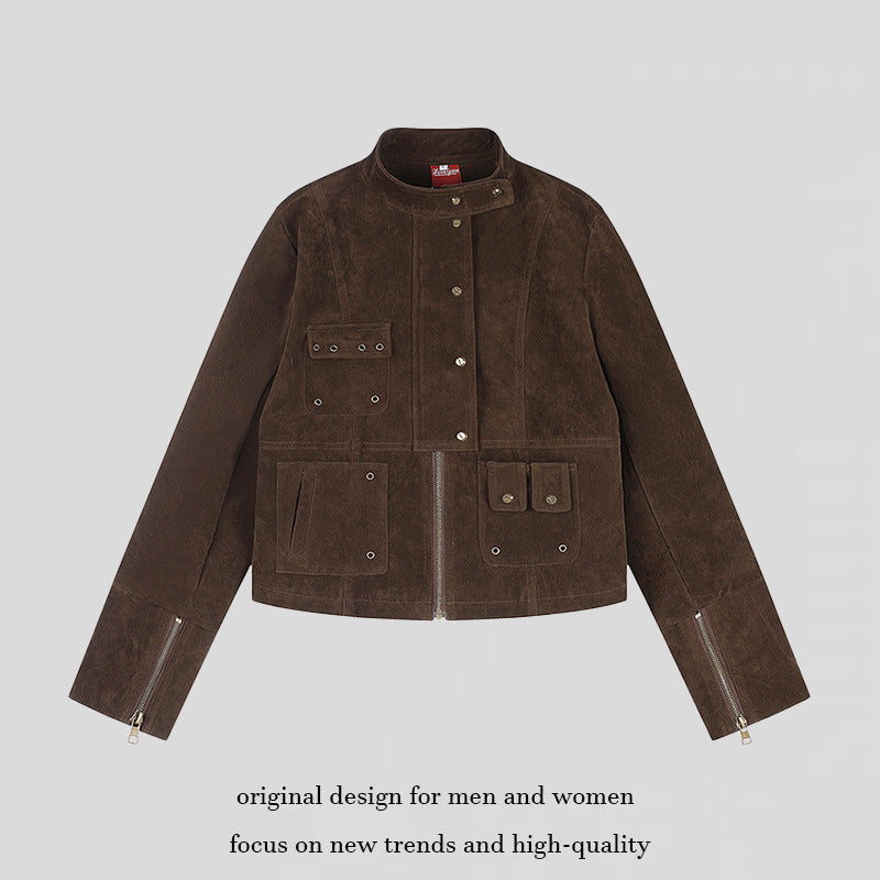 Damen kurze Wildleder-Utilityjacke mit Stehkragen, Mehrfachtaschen und Reißverschluss Nord Taschen