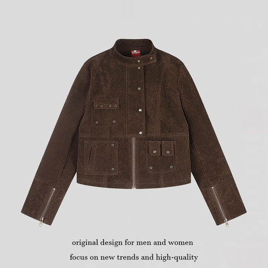 Damen kurze Wildleder-Utilityjacke mit Stehkragen, Mehrfachtaschen und Reißverschluss Nord Taschen