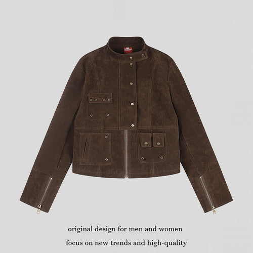 Damen kurze Wildleder-Utilityjacke mit Stehkragen, Mehrfachtaschen und Reißverschluss Nord Taschen