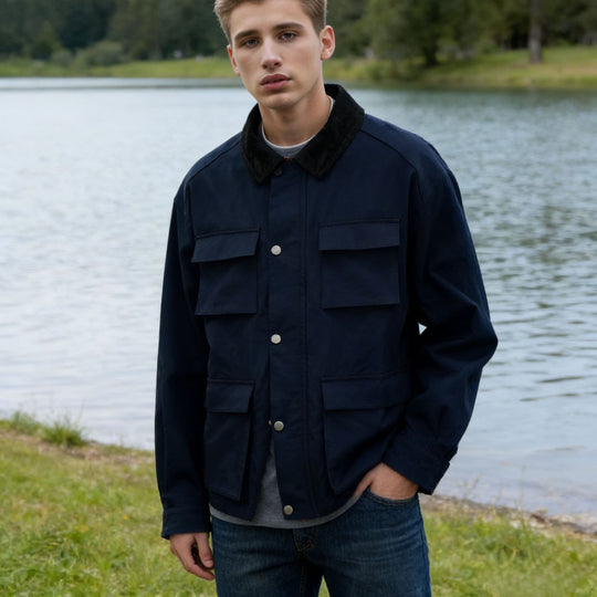 Herren Wachsjacke im Field-Stil mit Cordkragen und Mehrfachtaschen Nord Taschen