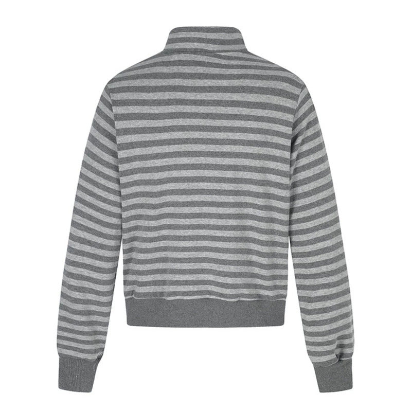 Damen Gestreifte Zip-Sweatjacke mit Stehkragen, Reißverschlusstaschen und Vintage-Flaggenprint Nord Taschen